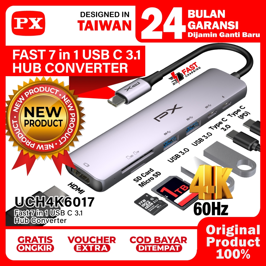 USB Type C 3.1 Hub Converter Type C HDMI 4K 60Hz USB 3.0 7 in 1 PX UCH4K6017