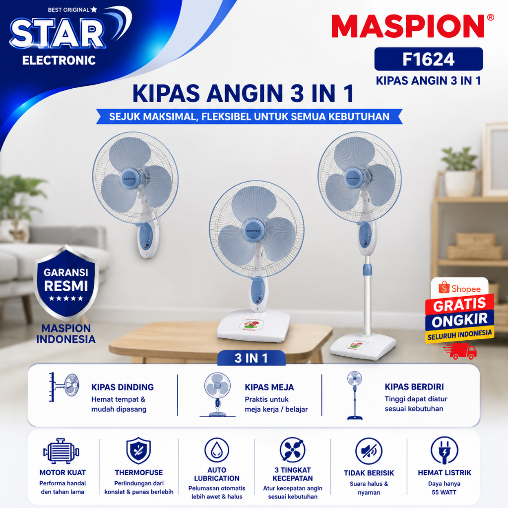 MASPION KIPAS ANGIN  F 1624  16 Inch (3 in 1) STAND FAN/F1624/F-1624/F 1624 S/ORIGINAL GARANSI RESMI