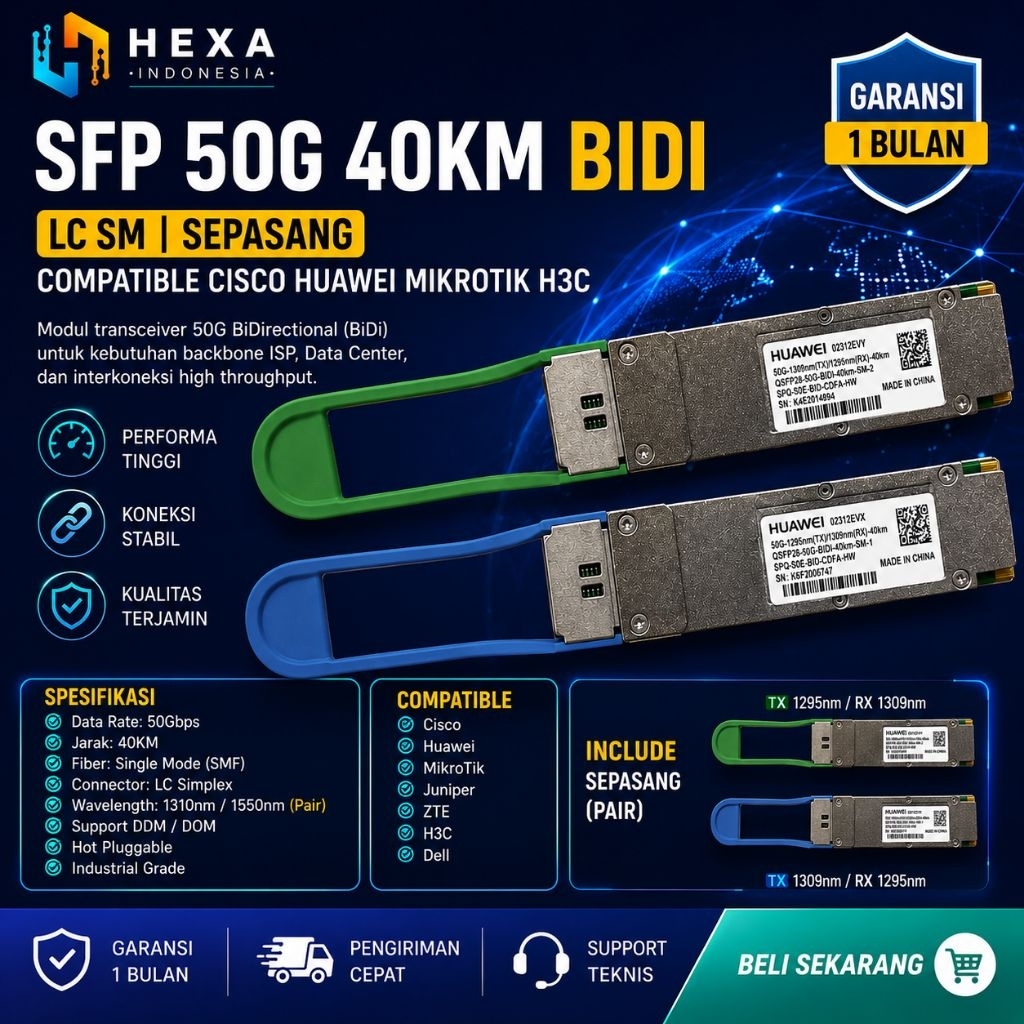 SFP BIDI 50G 40KM LC SM | Sepasang | Compatible Huawei ZTE
