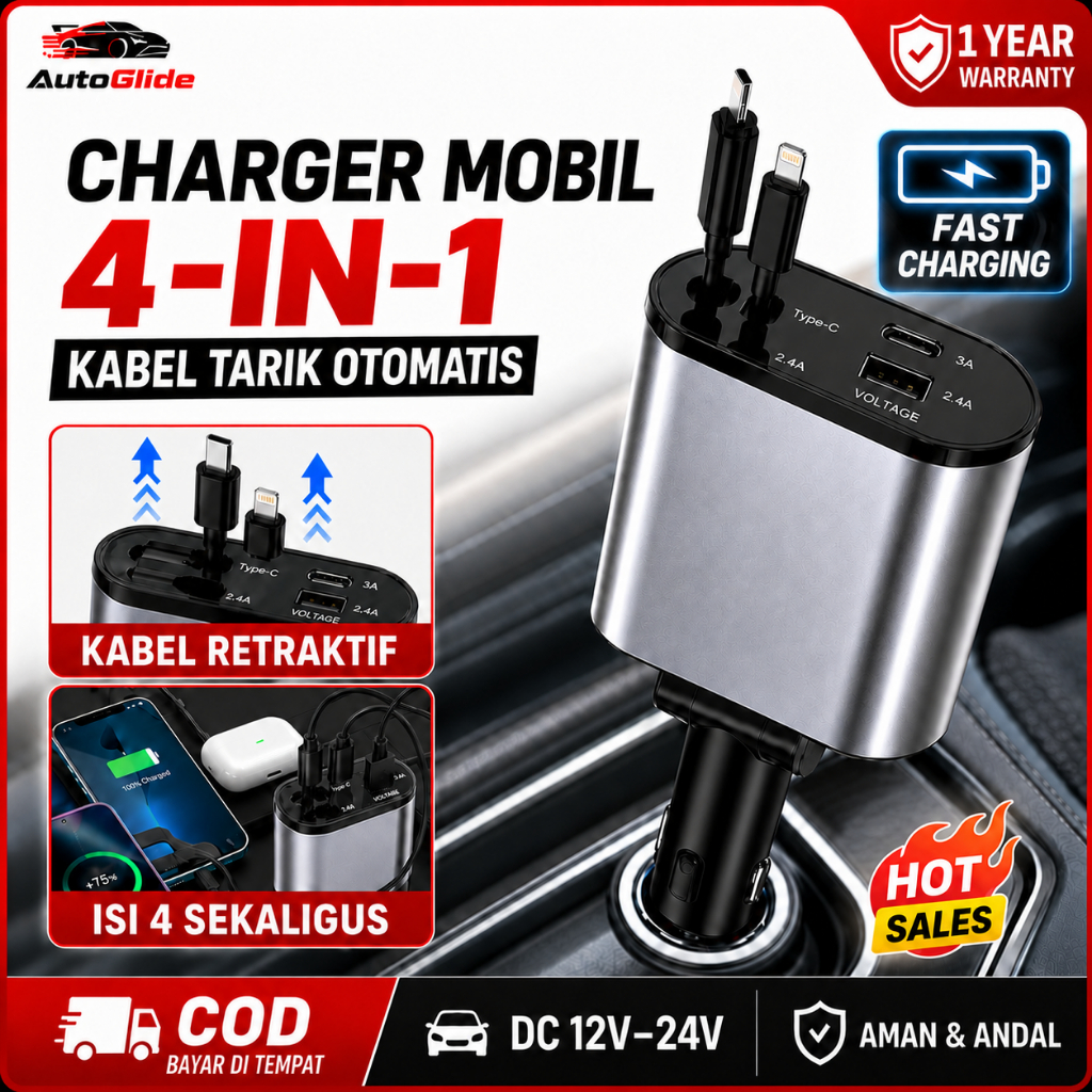 Charger Mobil Daz 120W Super Fast Charging Serbaguna, Kabel Dapat Ditarik 4-in-1 Port Apple + USB Ty