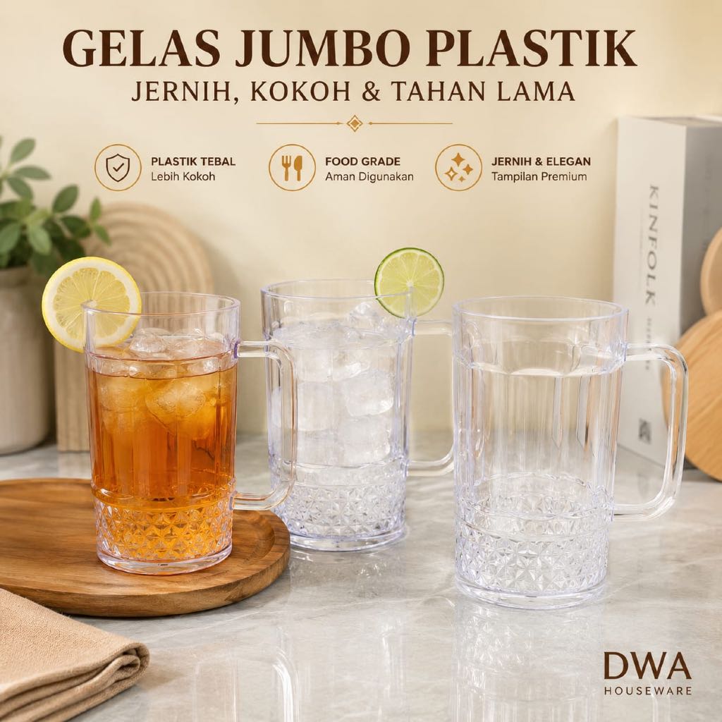 Gelas Jumbo Plastik Bening Tebal Premium Mug Cangkir Kopi Es Teh Gagang Transparan Anti Pecah