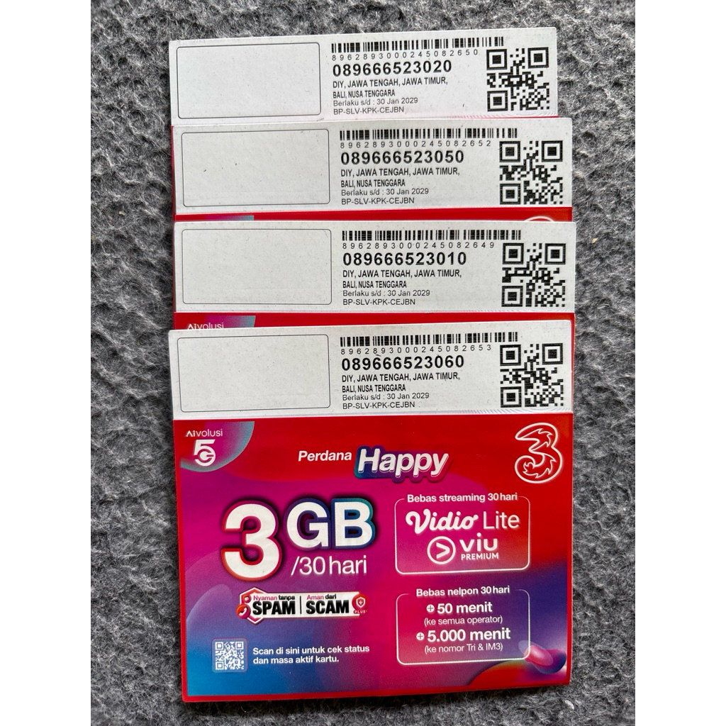 Kartu Perdana Nomor Cantik Tri 3GB - Full Kuota Utama, 30 Hari, Jaringan 3G/4G