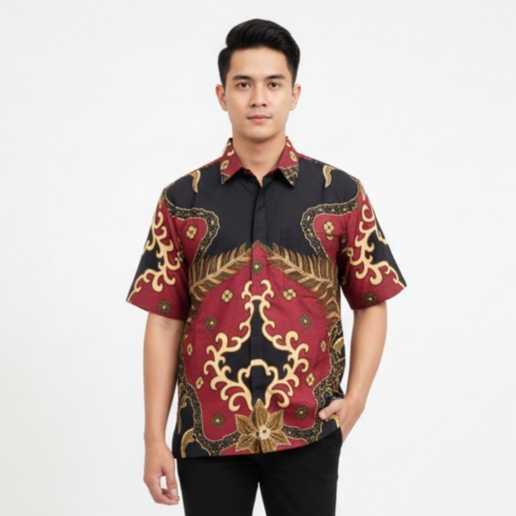 FLASH SALE - Batik Pria Lengan Pendek Warna Merah Katun Signature - Seragam Batik Pria Pesta Dan Kan