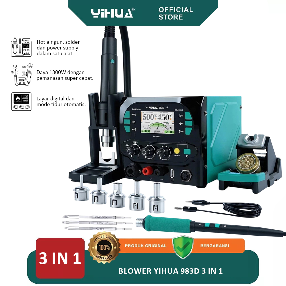 Blower YIHUA 983D 3 IN 1 Solder Station Digital Blower + Solder + Power Supply untuk Servis HP, PCB,