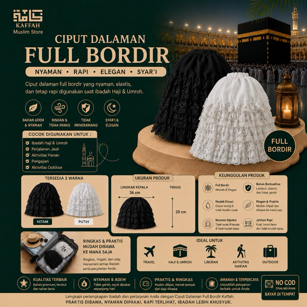 Kaffah ~ Ciput Full Renda || Ciput Daleman Makromah || Ciput Wanita || Full Renda Hitam Putih || Per
