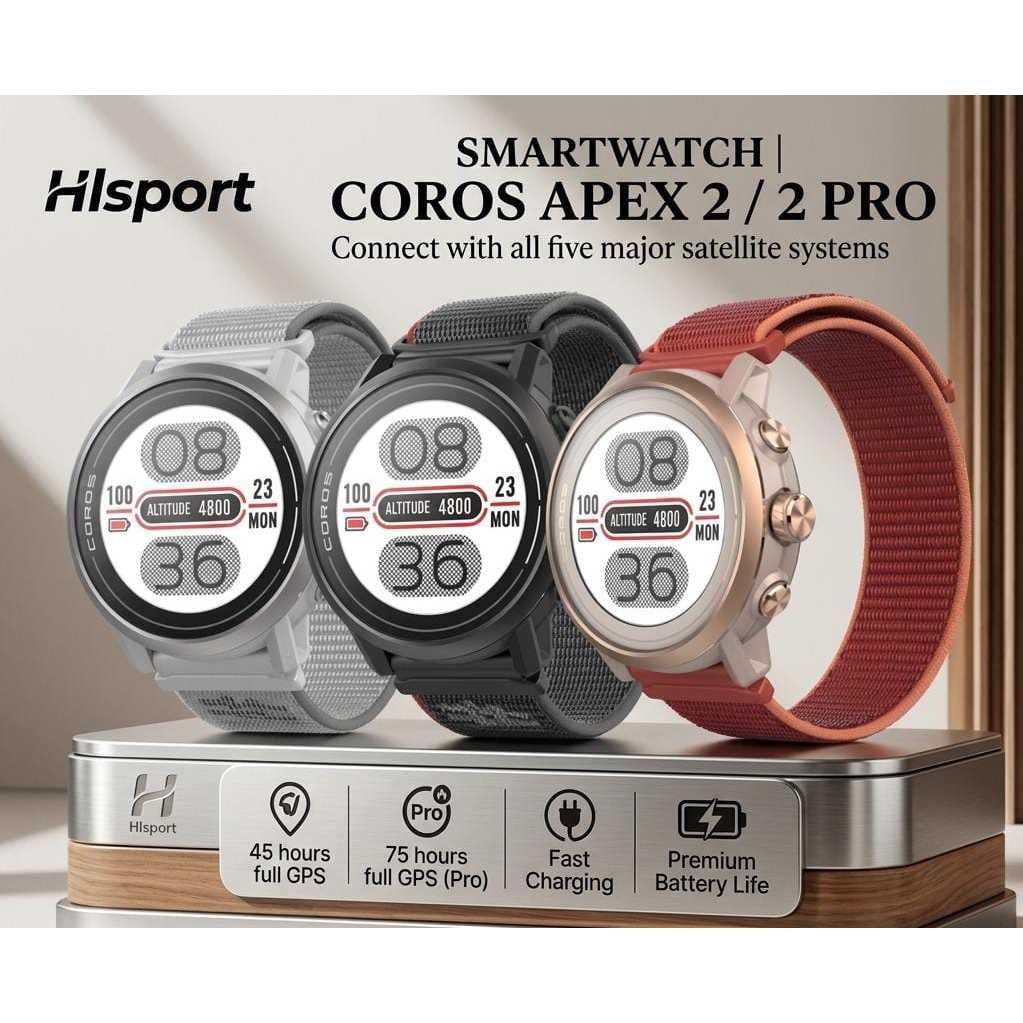 Coros Apex 2 GPS Outdoor Sport Watch, Layar Sapphire, 45 Jam GPS