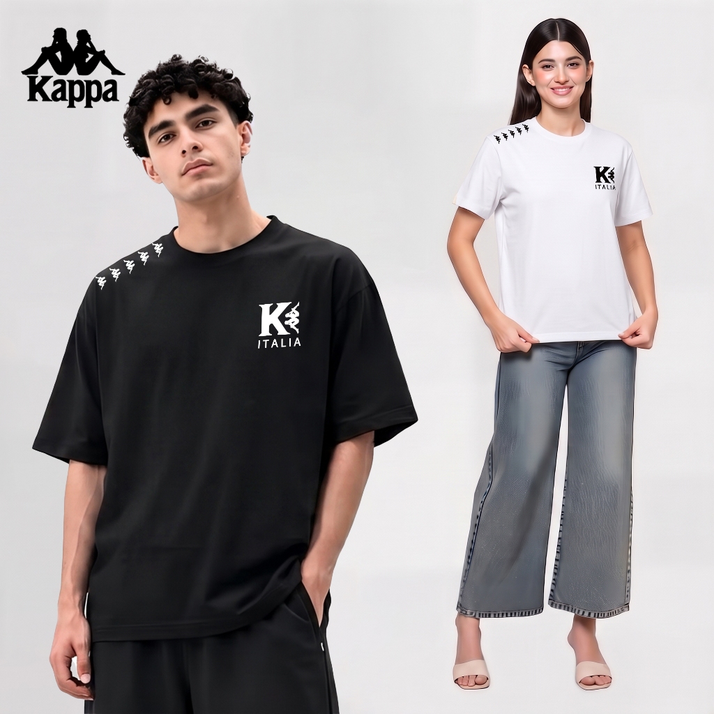 Kappa Italia Kaos Lengan Pendek Pria Wanita Hitam Putih Logo Garis Elegan Kappa kaos pria basic logo