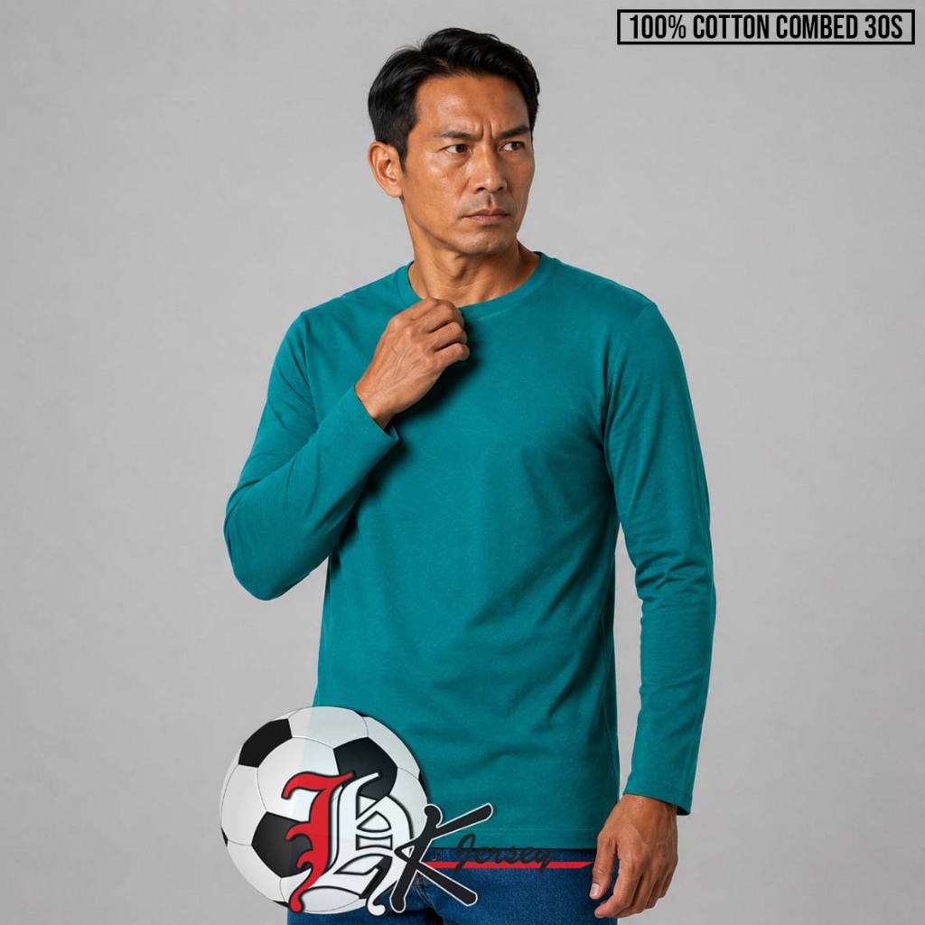 KAOS POLOS PRIA KATUN COMBED 30s LENGAN PANJANG WARNA HIJAU TOSCA