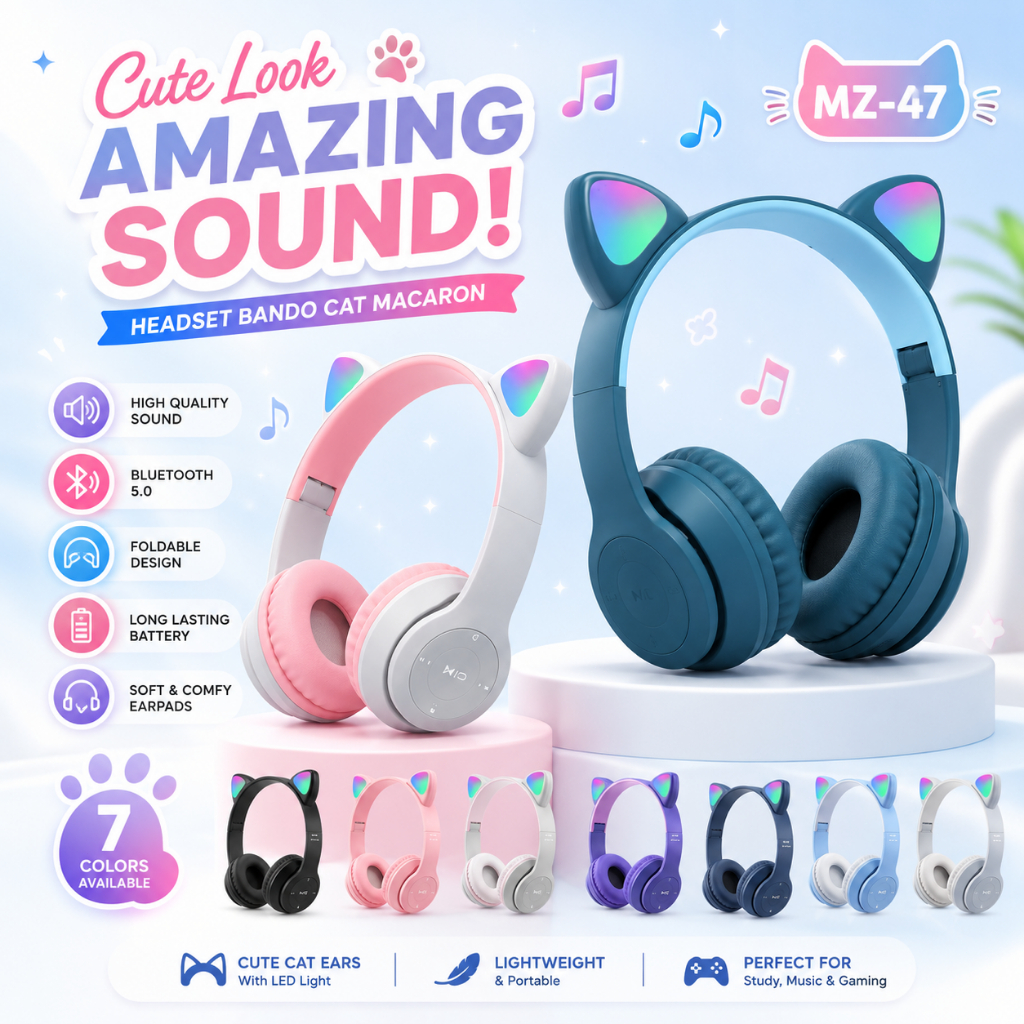 Headphone Bluetooth Wireless Foldable || Headphone Gaming Kitty Cat Ear RBG Bando