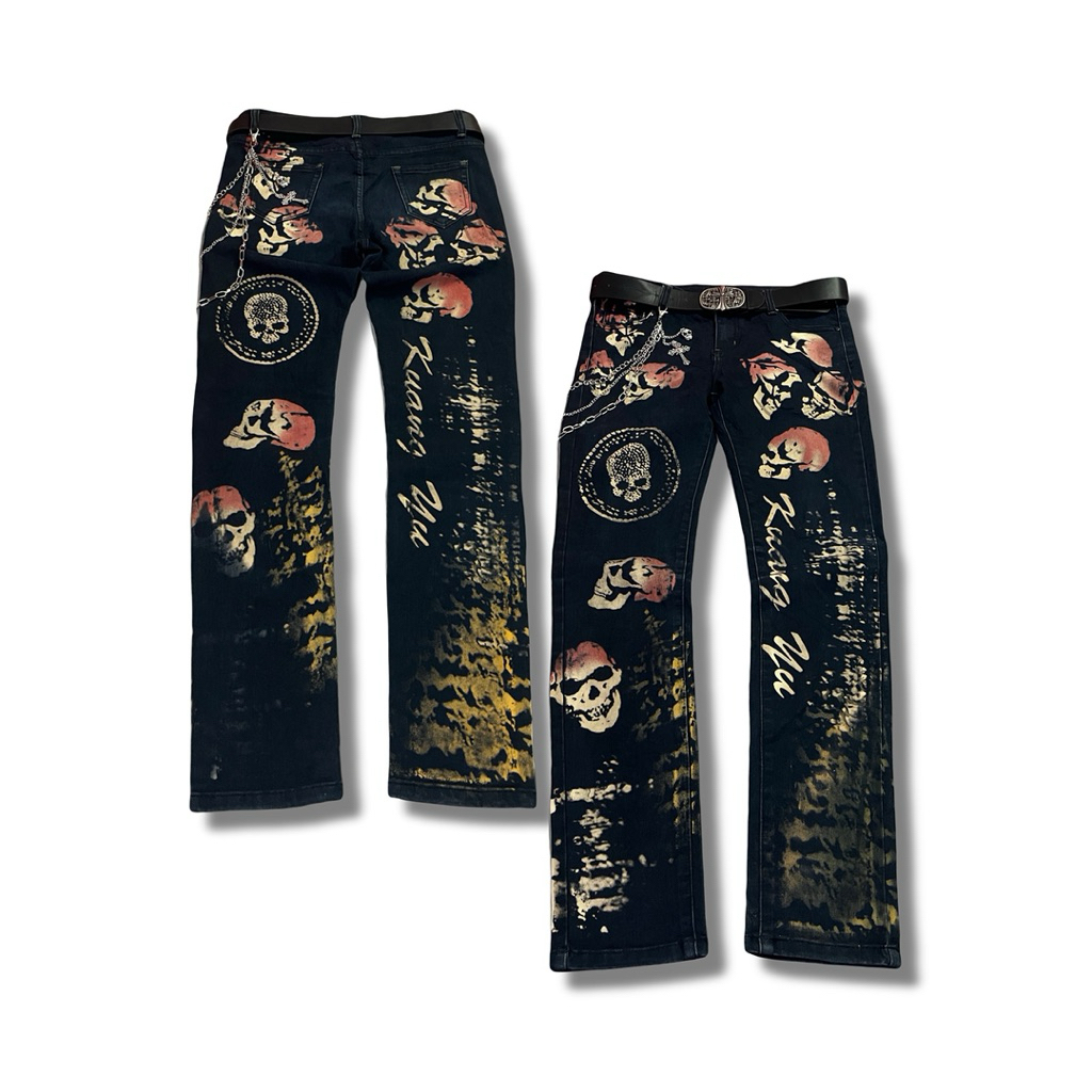 Kuang Yu Full Skull Logo Denim Pants | Celana Motor Jeans Motif Tengkorak Mastermind,Number (N)ine,L