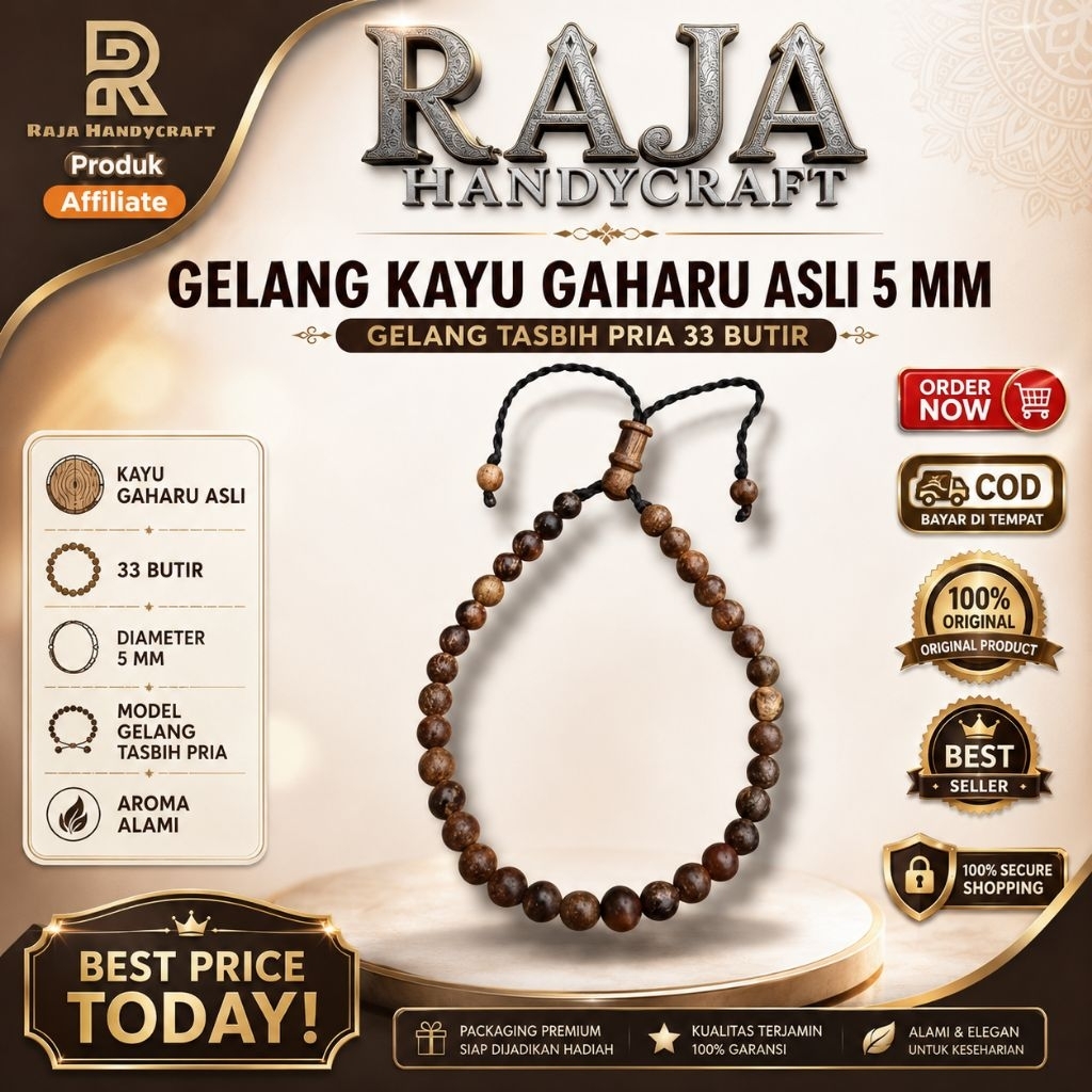 RAJA HANDYCRAFT | Gelang Kayu Gaharu Asli 5mm Gelang Tasbih Pria Gelang Tasbih 33 Butir Gelang Tasbi