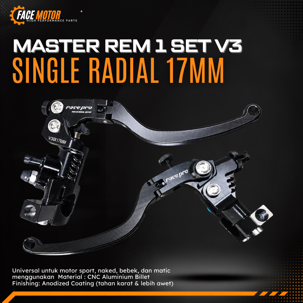 Master Rem 1 Set V3 Single Radial 17MM Race Pro Hitam CNC Aluminium Billet Anodized