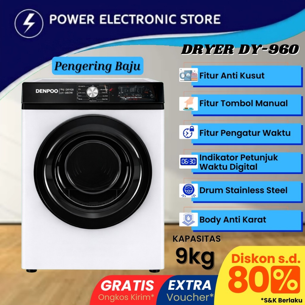 Mesin Pengering Pakaian Denpoo Kapasitas 9 Kg Laundry Mesin Dryer Dy 960