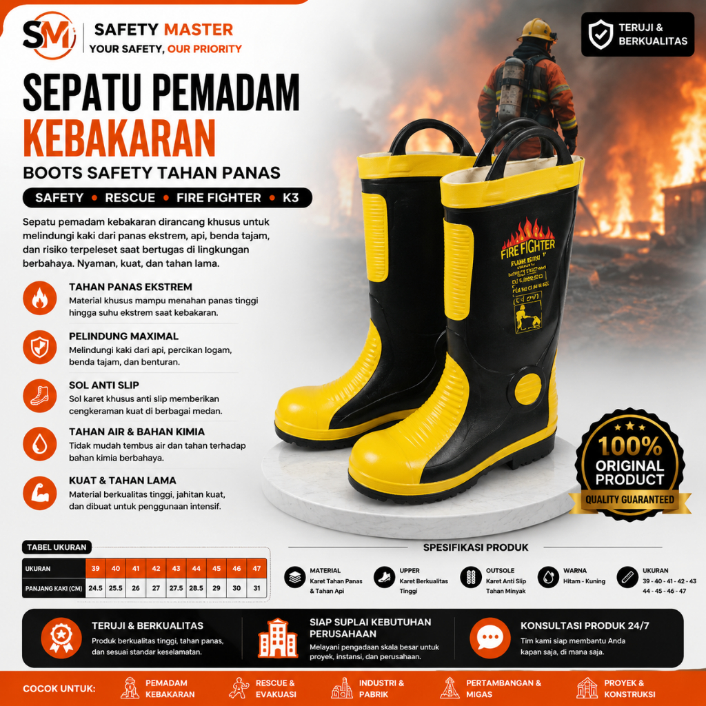 Sepatu Pemadam Kebakaran Rubber Safety Boots / Sepatu Boots Damkar Tahan Api