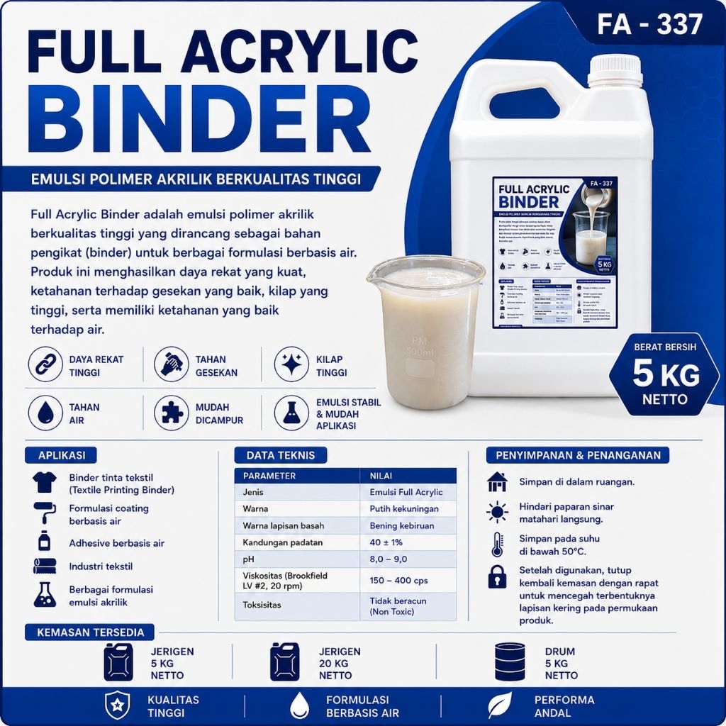 Full Acrylic Binder 5Kg Emulsi Polimer Akrilik Water Based Bahan Pengikat Textile Printing
