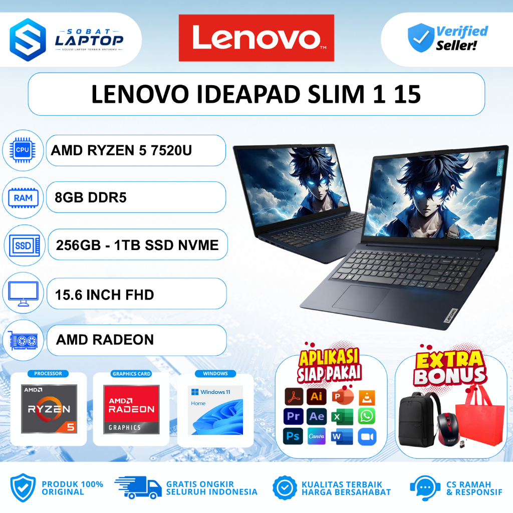 Laptop Lenovo Ideapad Slim 1 15 Amd Ryzen 5 7520U 8GB 1TB SSD FHD Windows 11 Home