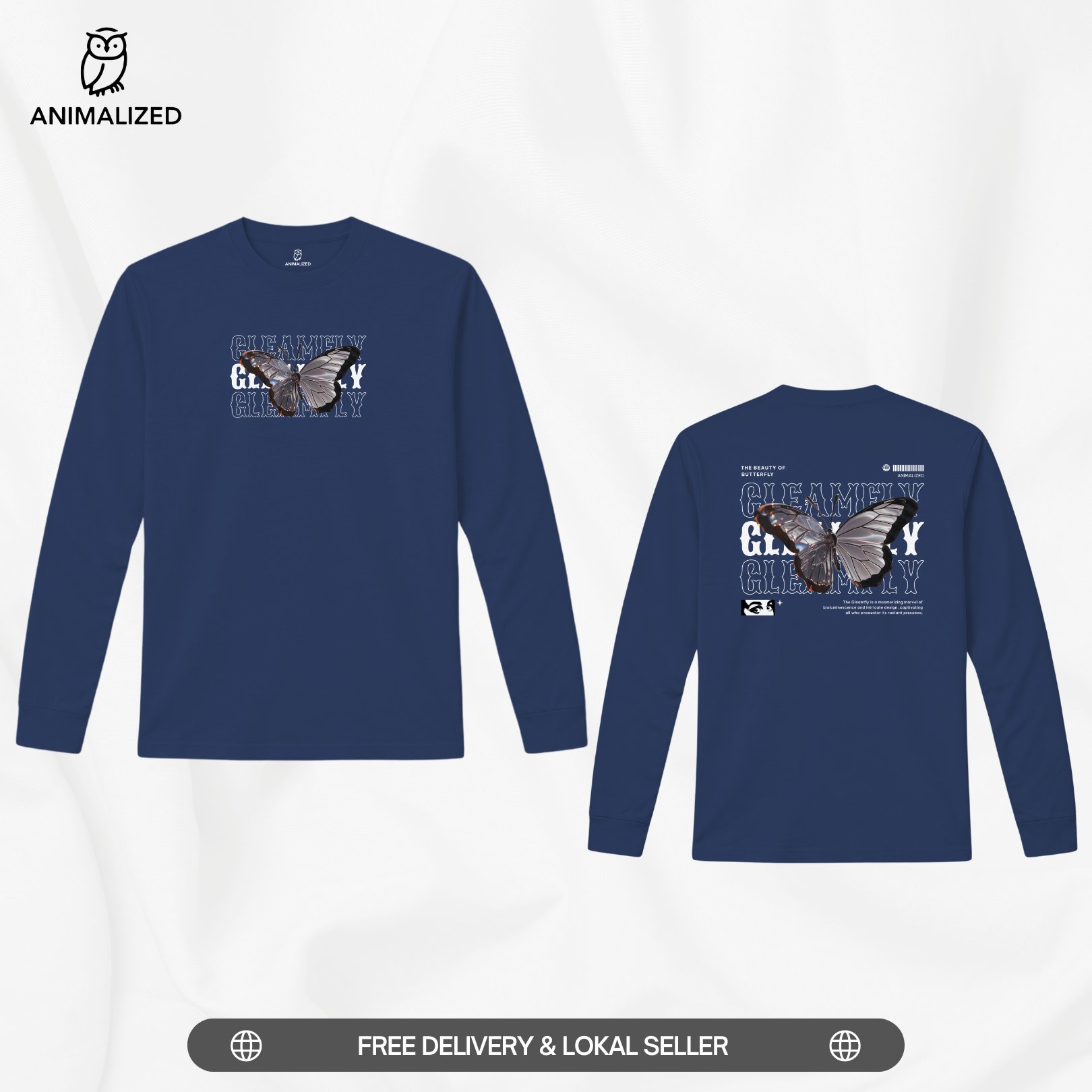 Animalized Kaos Pria Baju Lengan Panjang Kupu Kupu Butterfly Cleamely