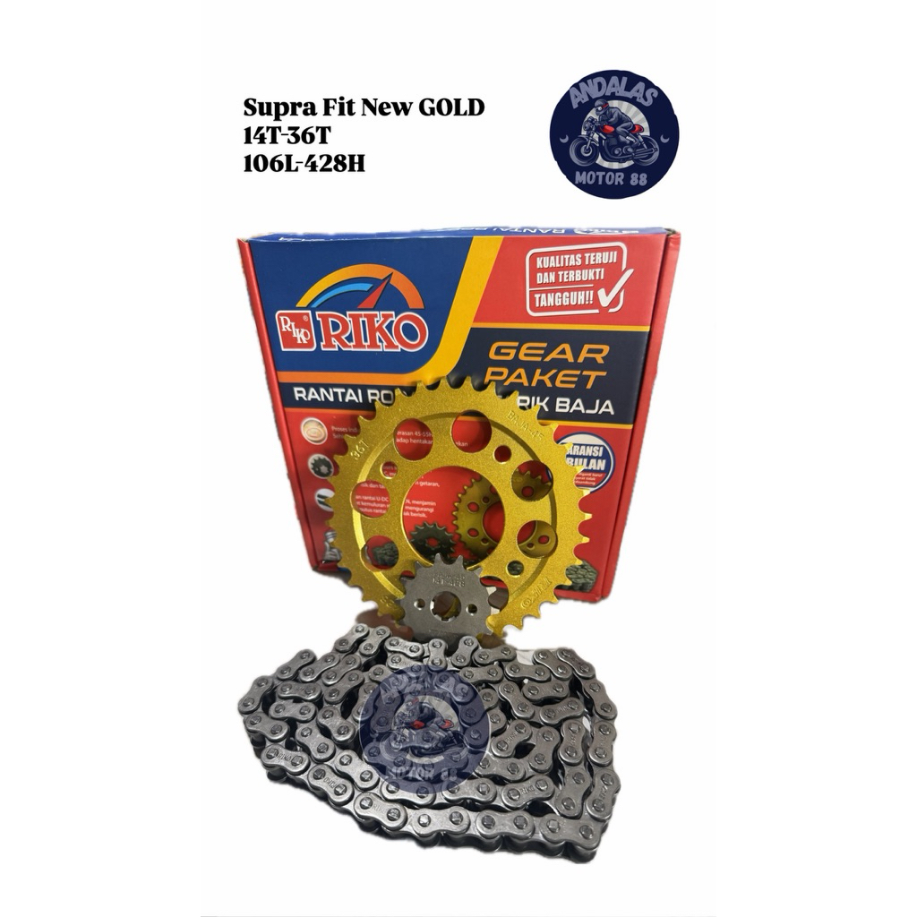 (RIKO) GEAR GIR GIGI PAKET SET GOLD BAJA SEPUH RIKO 14T/36T KTL SUPRA FIT NEW SUPRA X 125 REVO ABS