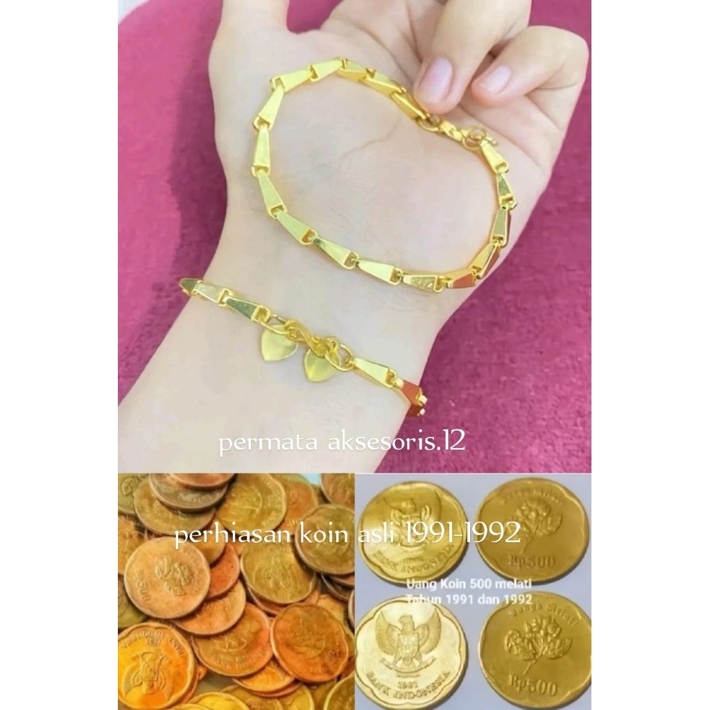 Gelang Tangan koin asli 1991-1992 gelang koin motif padi warna emas anti luntur & karat