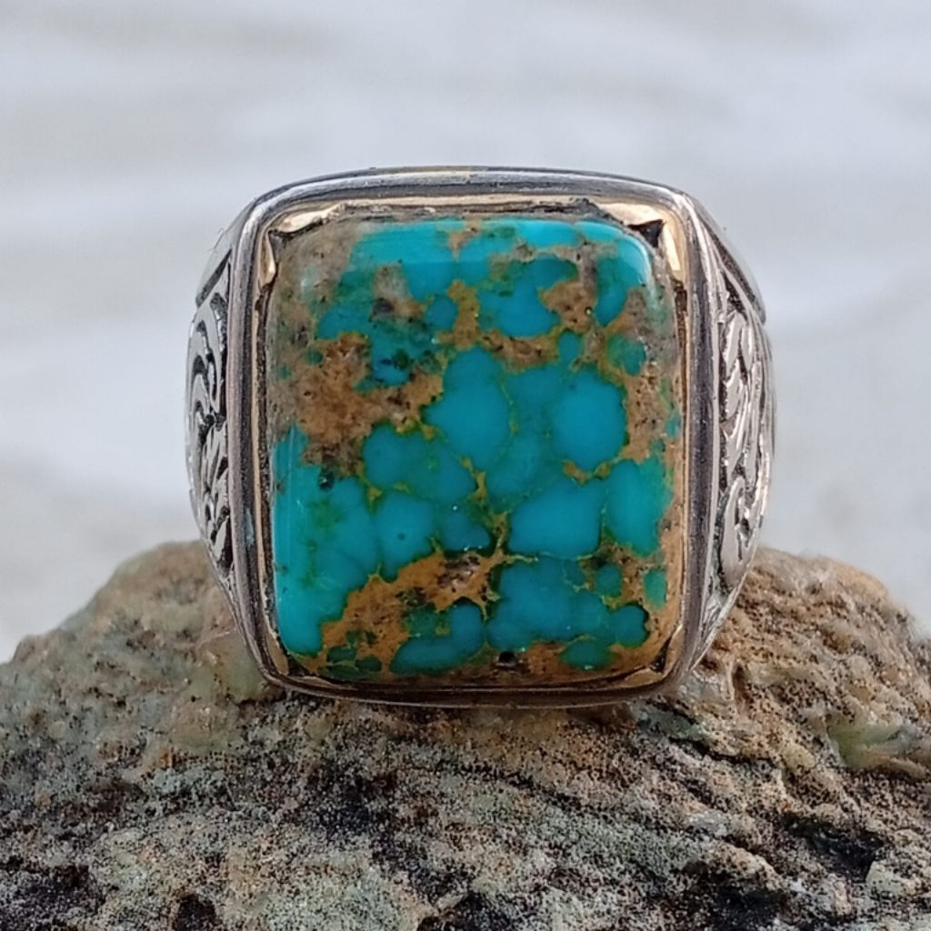 pirus Persia biru urat emas ring koin ukir lawasan