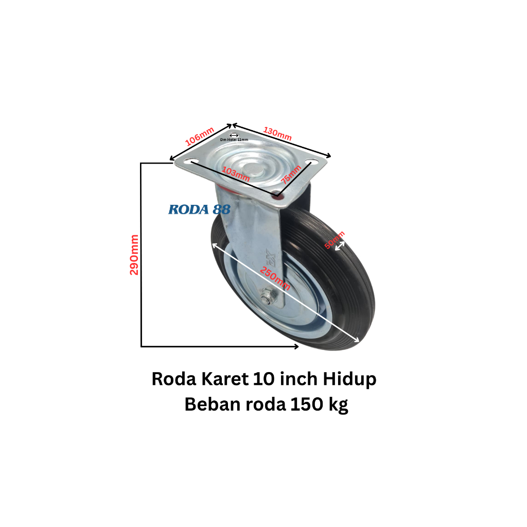 Roda karet RRT 10 inch Hidup, Beban roda 150 kg