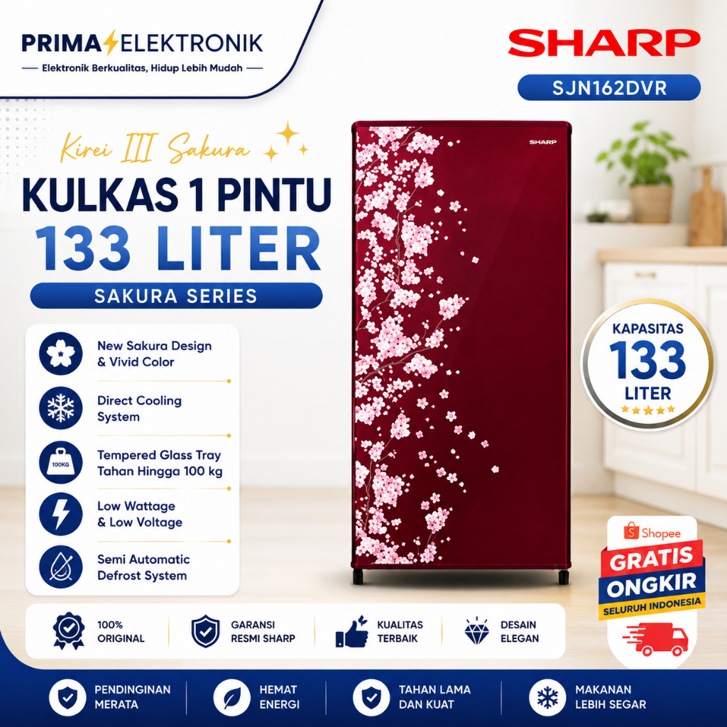 SHARP KULKAS 1 PINTU SJN162DVR 128L/SJN-162DVR/SJN 162DVR/SJN163 KULKAS LOW WATT/ MURAH ORIGINAL BER