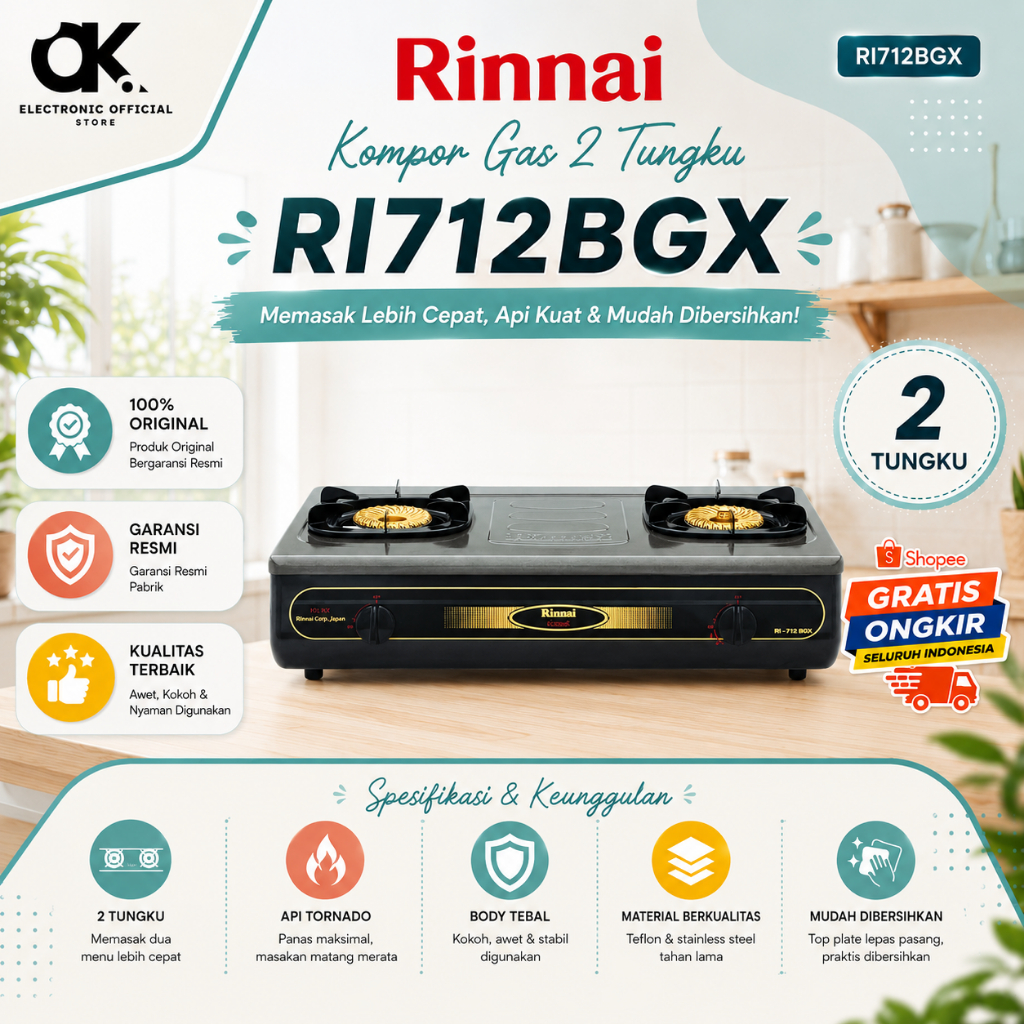 RINNAI KOMPOR GAS 2 TUNGKU RI 712BGX/RI712BGX/RI712 BGX/RI-712BGX/RI-712 BGX/ORIGINAL RINNAI/GARANSI