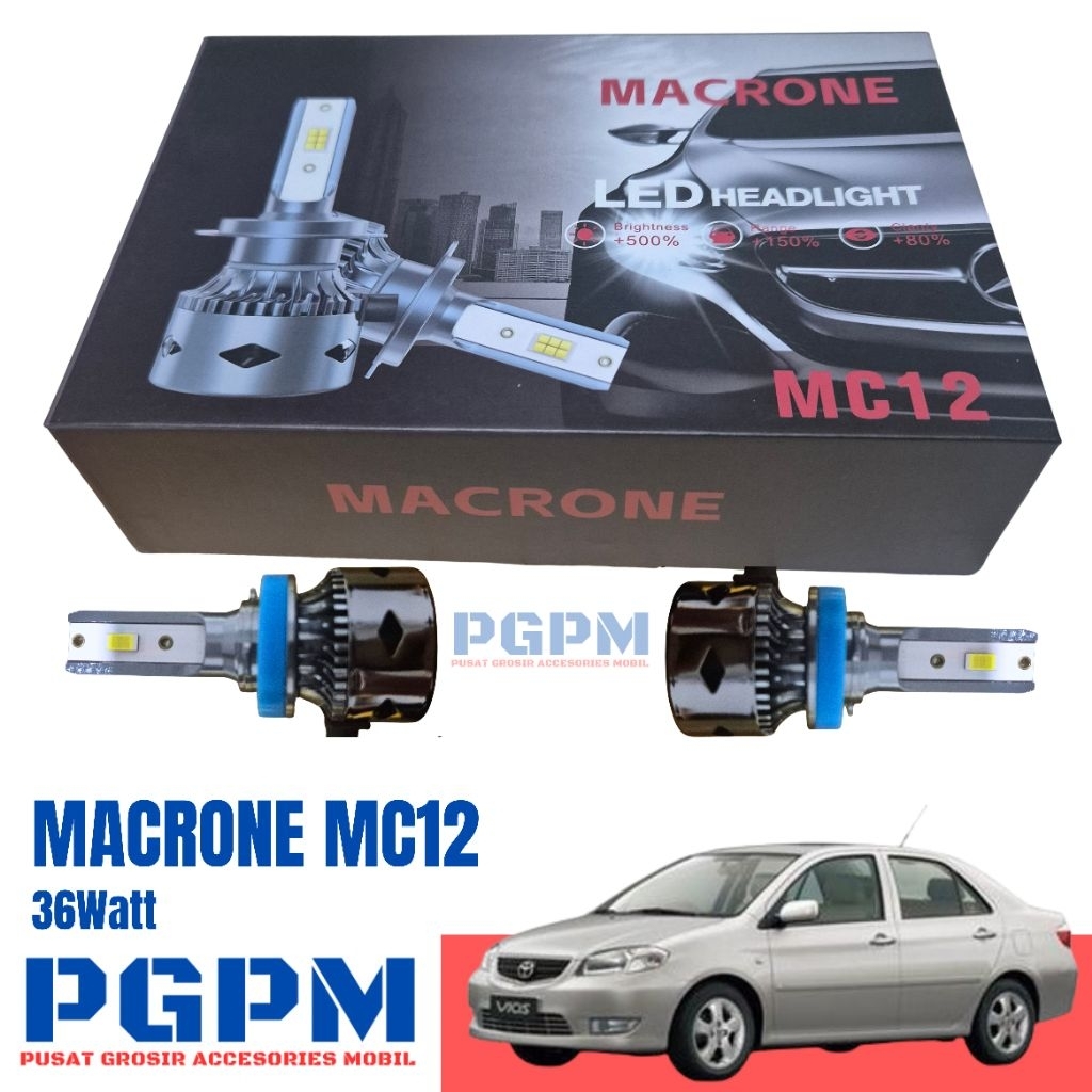 Lampu LED Headlight Vios 2003-2007 Original Macrone MC12 55Watt 12v Super Terang Garansi 1 Tahun PnP