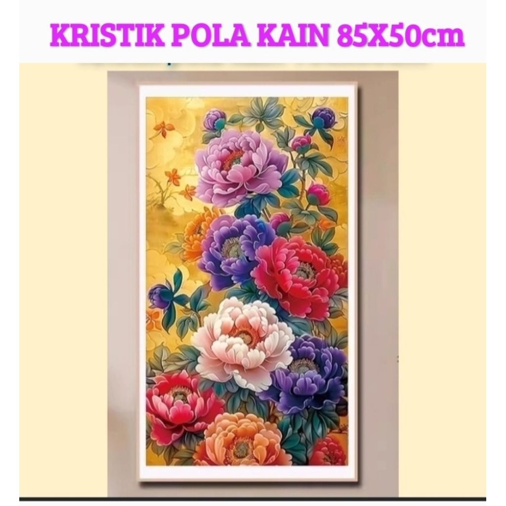 Paket kristik bunga mawar peoni vas pola kain cross stitch