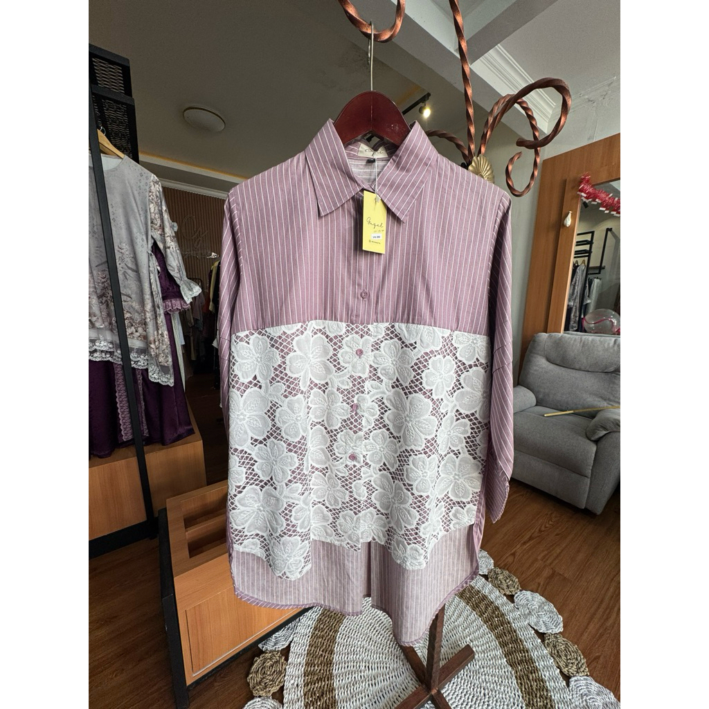 GUZEL FASHION | Hawa Shirt | Kemeja Katun Stripe Brukat Wanita Lengan Panjang Warna Ungu