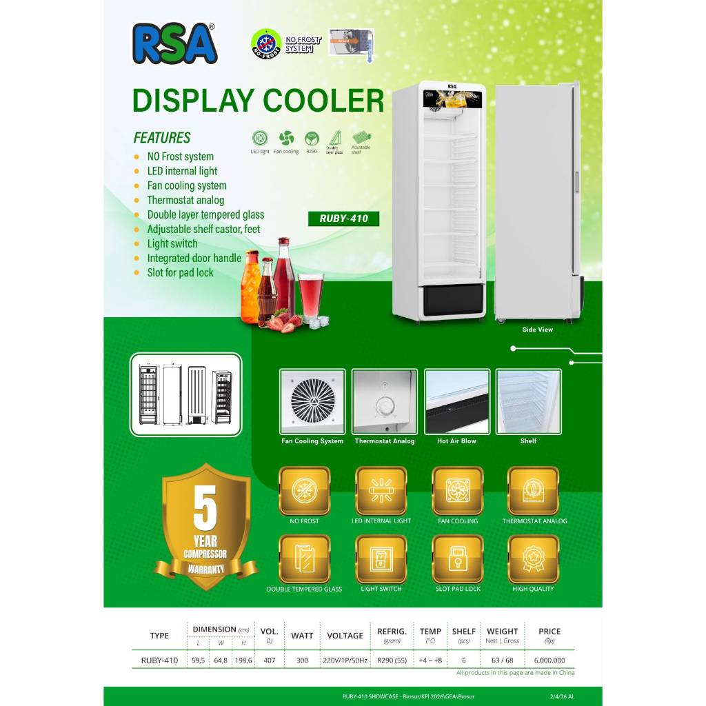 RSA RUBY-410 Display Cooler - Showcase Pendingin Minuman - Lemari Pendingin Minuman - Showcase 1 Pin