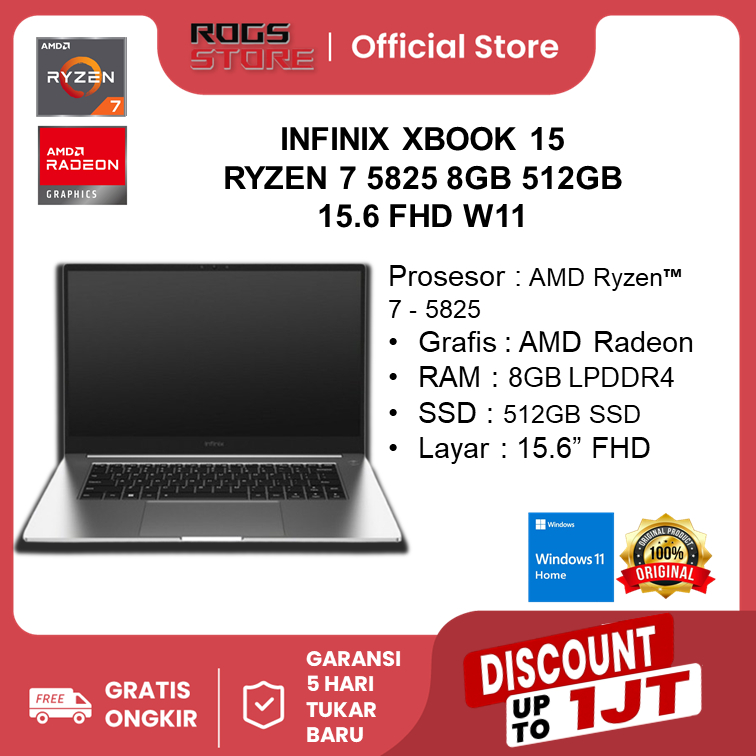 LAPTOP INFINIX XBOOK 15 - RYZEN 7 5825U 8GB 512GB 15"FHD IPS W11