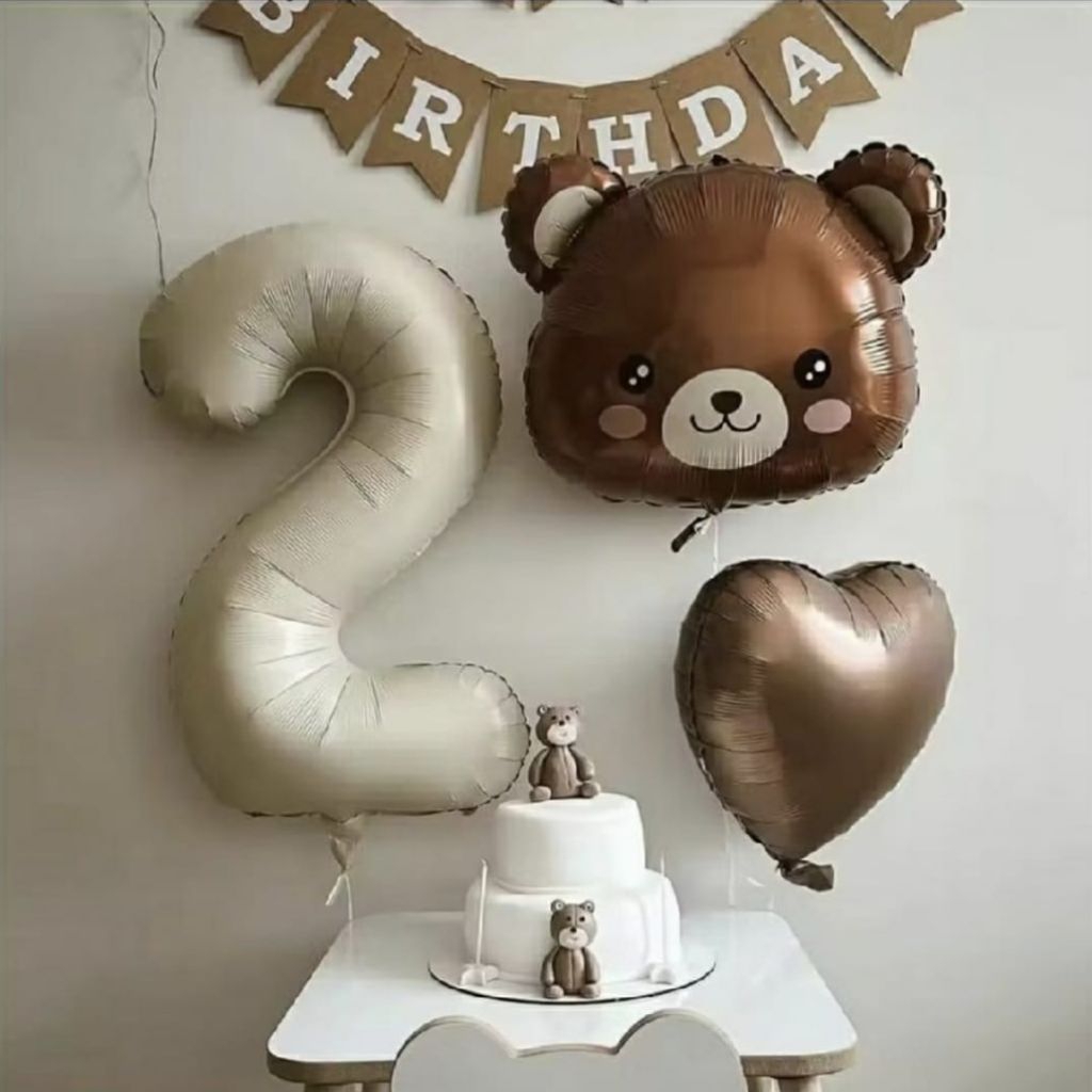Dekorasi ulang tahun tema beruang bear birthday balloon set balon foil angka milk beige jumbo karakt