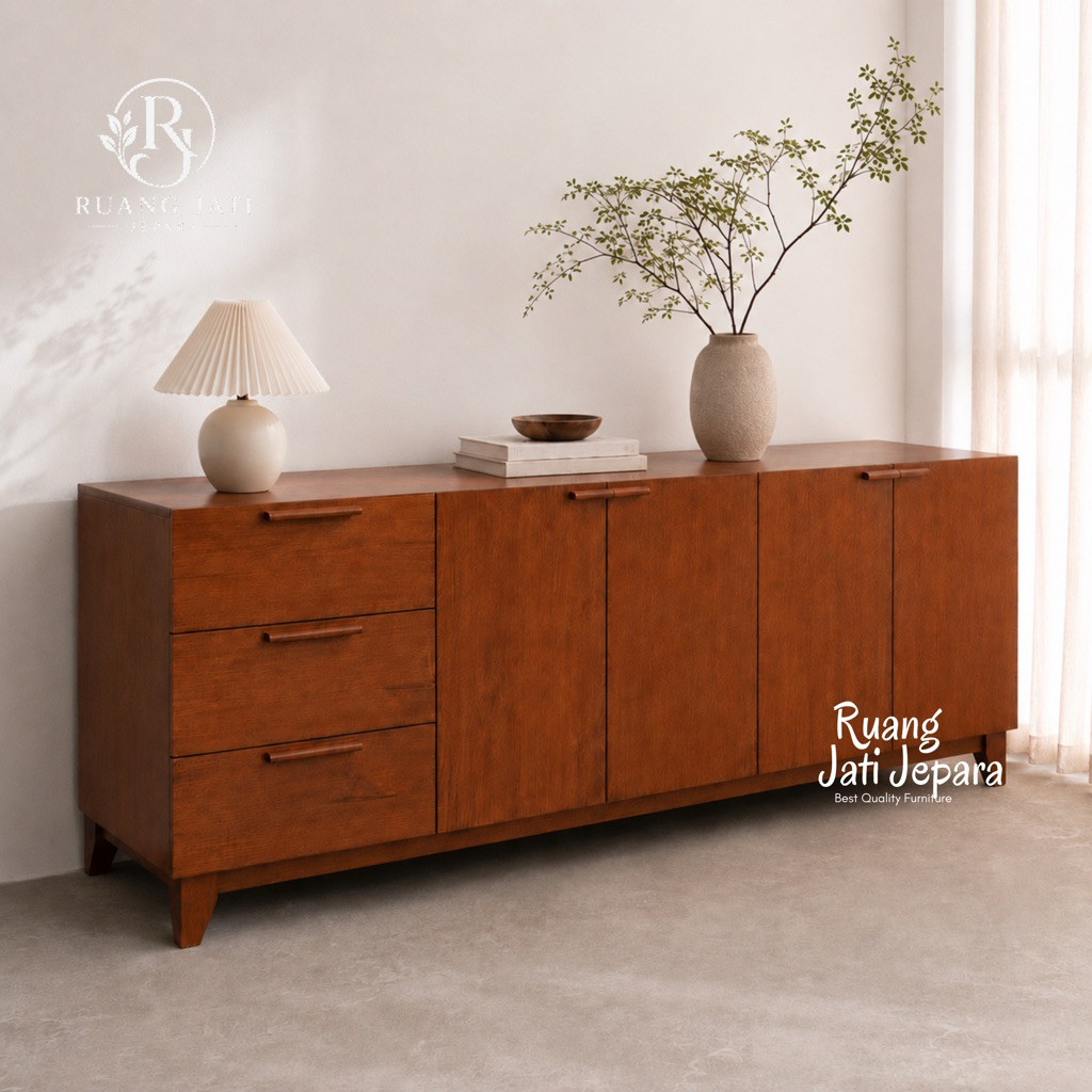 Lemari Buffet Kayu Solid Serbaguna | Credenza Minimalis Modern | Meja Buffet TV Panjang Kayu Jati | 