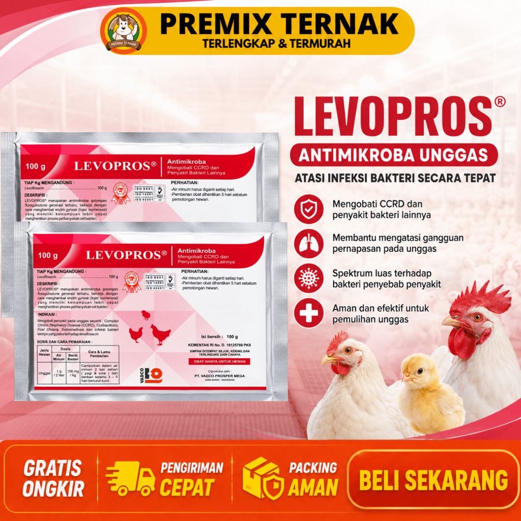 LEVOPROS 100 GRAM VADCO - Obat Ayam Antibakteri Atasi Ngorok CCRD Colibacilosis Kolera Like Levocap