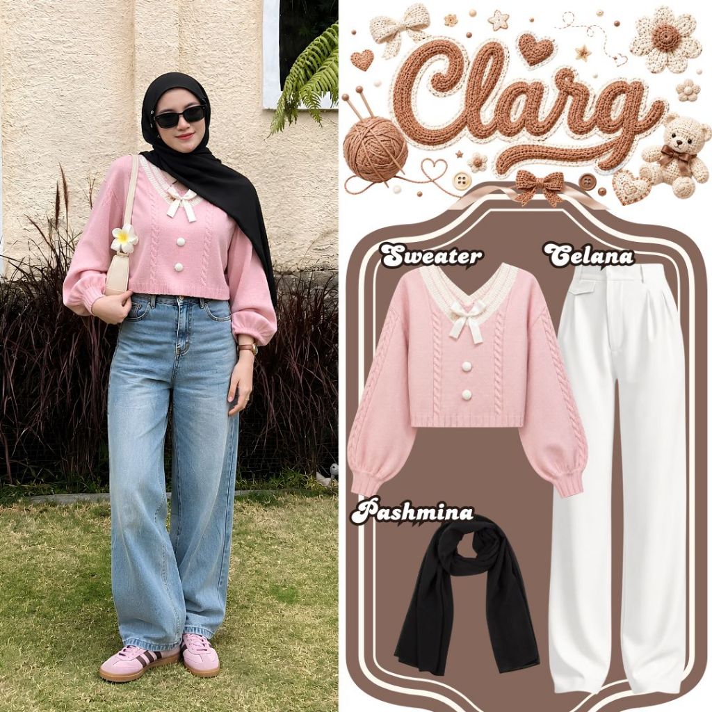 Outfit Cute Korean Knit Look - Clara One Set 3in1 (Sweater Rajut, Loose Pants, Pashmina) VK62