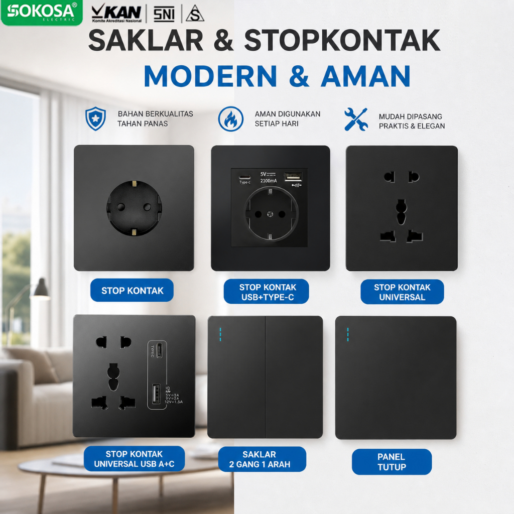SOKOSA saklar dinding hitam , stopkontak hitam, saklar stopkontak , panel listrik 86mm, saklar rumah