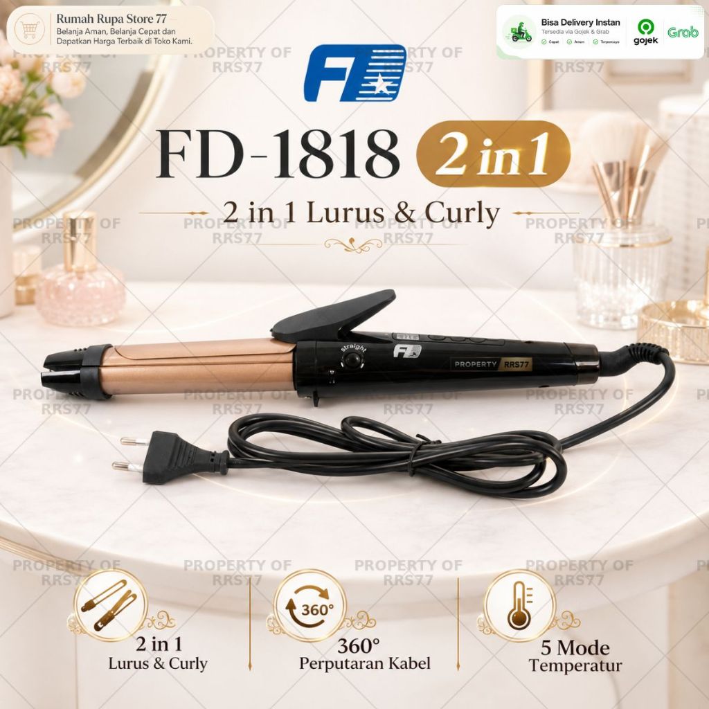 Catok Rambut FD-1818 2 in 1 Lurus & Curly 5 Mode Temperatur Kabel Fleksibel 360 Swivel Cord Hair Str