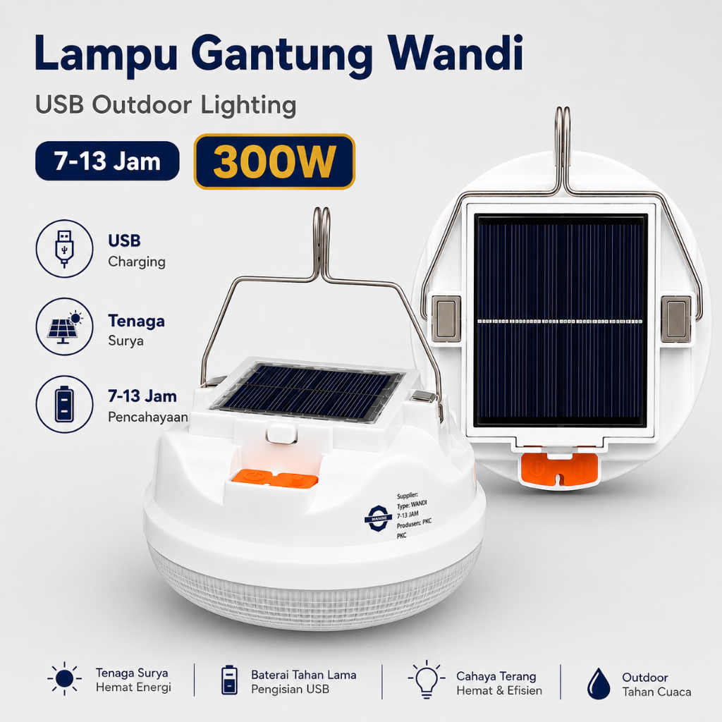 Lampu Gantung LED Wandi 300W USB Rechargeable Solar Camping Outdoor Lithium 3600mAh 7-13 Jam Berkual