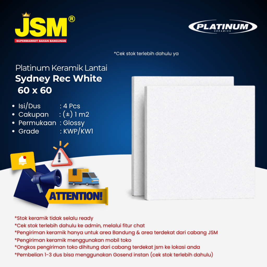 Platinum Keramik Lantai Sydney Rec White 60x60  - JSM Supermarket Bahan Bangunan