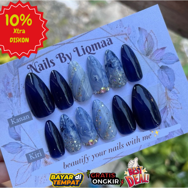 NAVY KOMBI PERMATA RUNCING / KUKU PALSU / NAIL ART / KUKU PALSU WEDDING / NAIL ART WEDDING