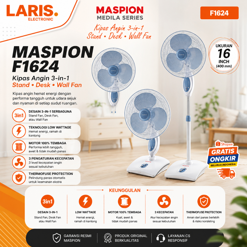 KIPAS ANGIN MASPION  F1624 16 Inch (3in1)/F1624/F-1624/F 1624 S/1624S/ORIGINAL MASPION/GARANSI RESMI