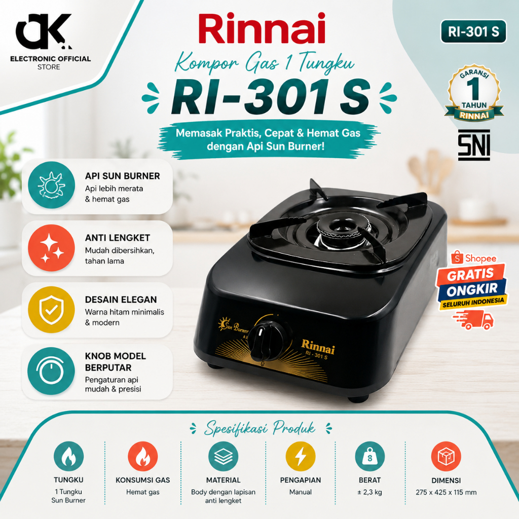RINNAI KOMPOR GAS 1 TUNGKU RI 301 S KOMPOR RINNAI/RI-301S/RI 301 S/RI301S/ORIGINAL RINNAI/GARANSI