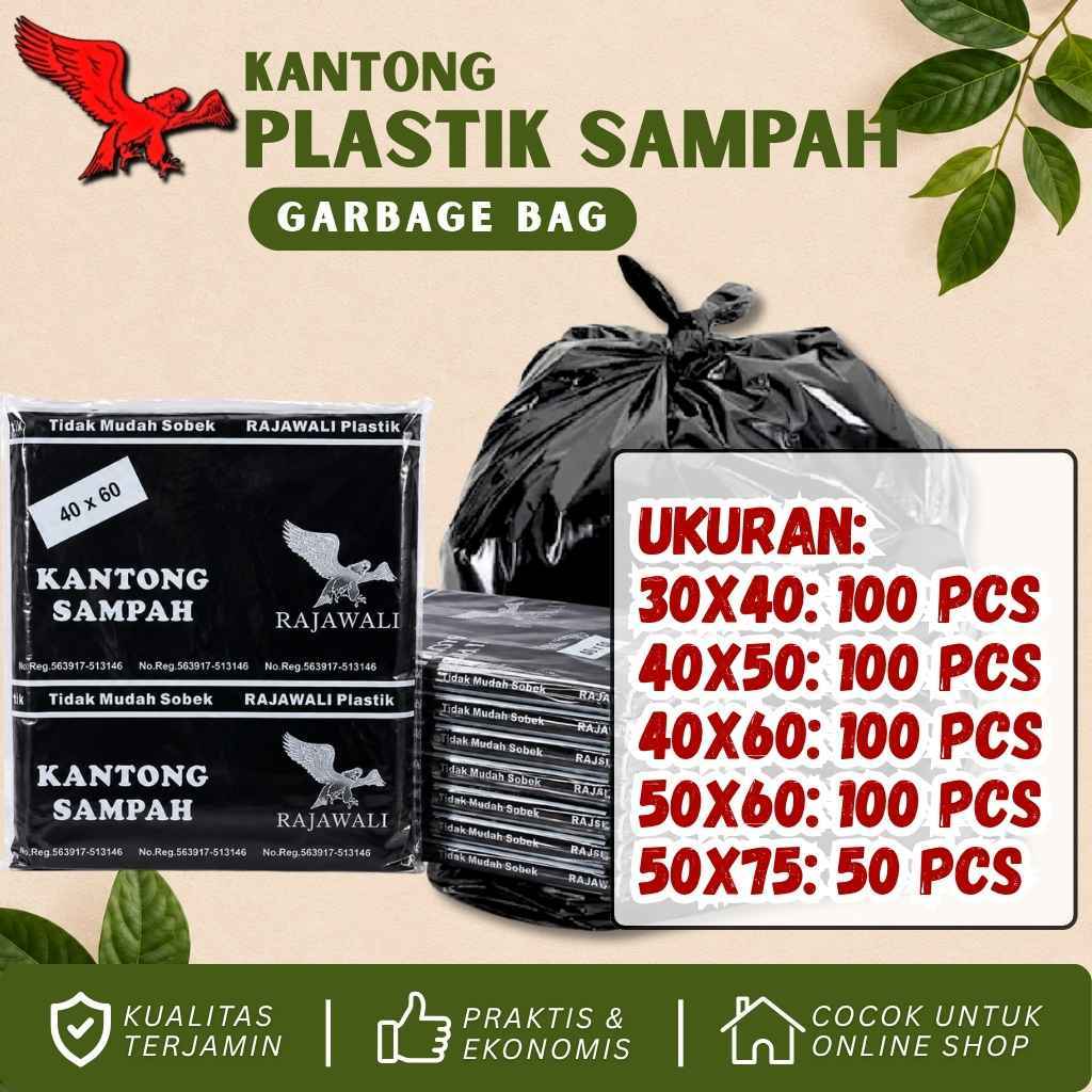 Kantong Sampah Hitam uk 30x40, 40x50, 40x60, 50x60, 50x75 isi 100 Trash Bag Plastik Sampah Rajawali 