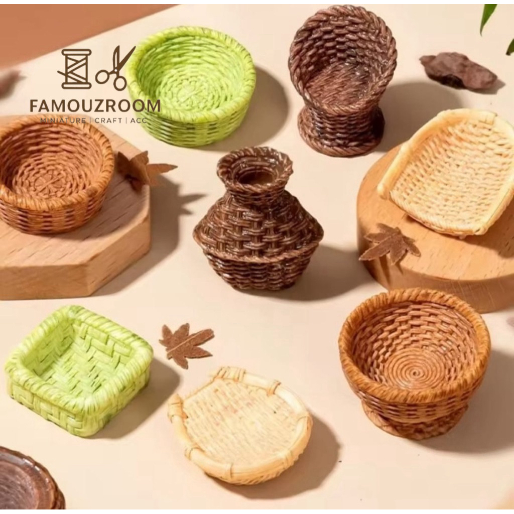 Miniatur Ornamen Keranjang Rotan - Miniatur Kursi Rotan - Miniatur Ornamen Pengki Bambu - Dollhouse 