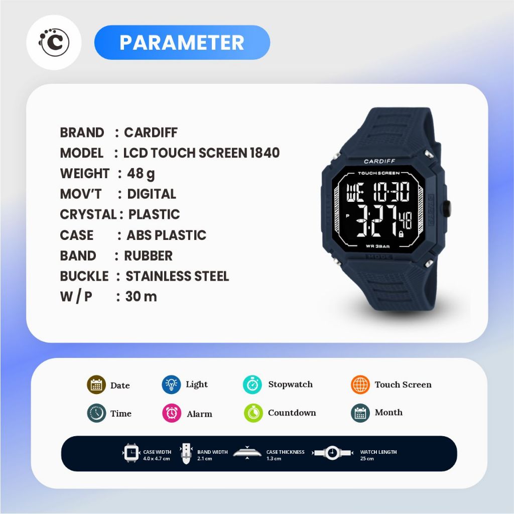 Jam Tangan Digital Cardiff 1840 Touch Screen Pria Wanita