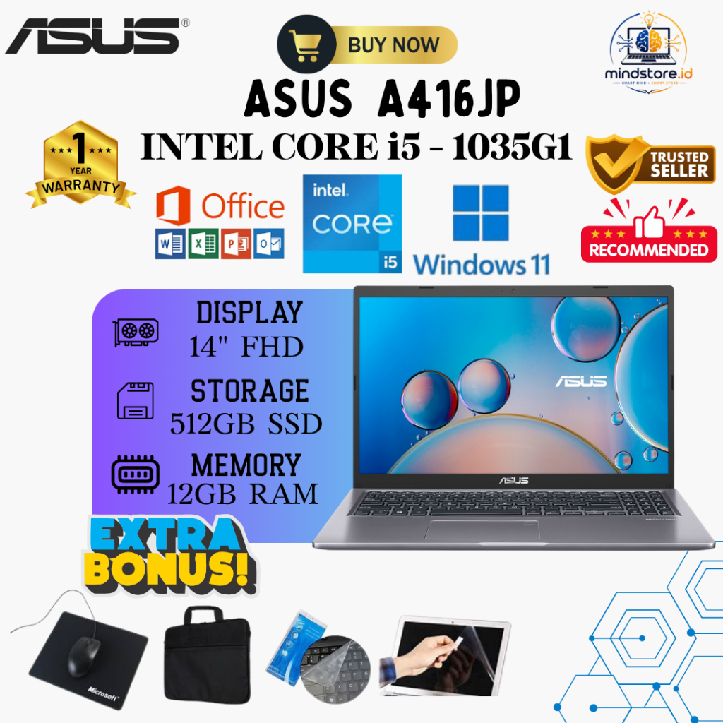 ASUS A416JA0 INTEL CORE i5 - 1035G1 | RAM 12GB SSD 512GB | NVIDIA MX330 14" FULL HD | WINDOWS 11 + O