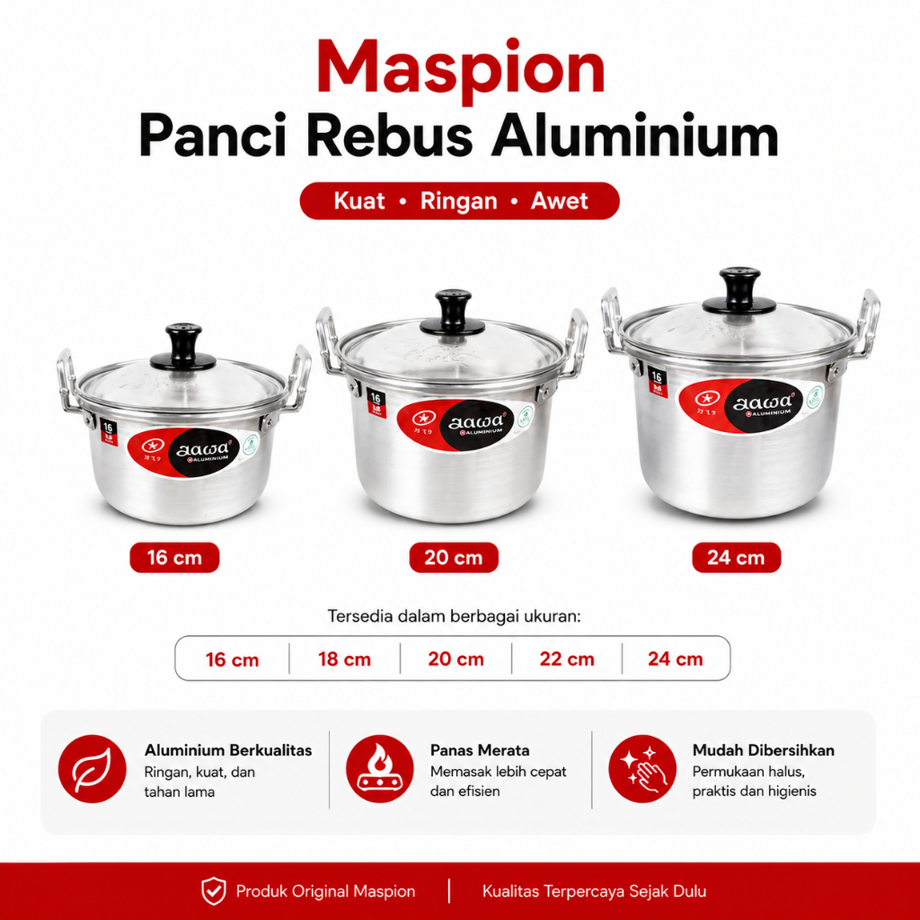 Maspion Jawa Panci Rebus Tinggi Tutup Luar Aluminium Ukuran 16 18  20 22 24 - DN