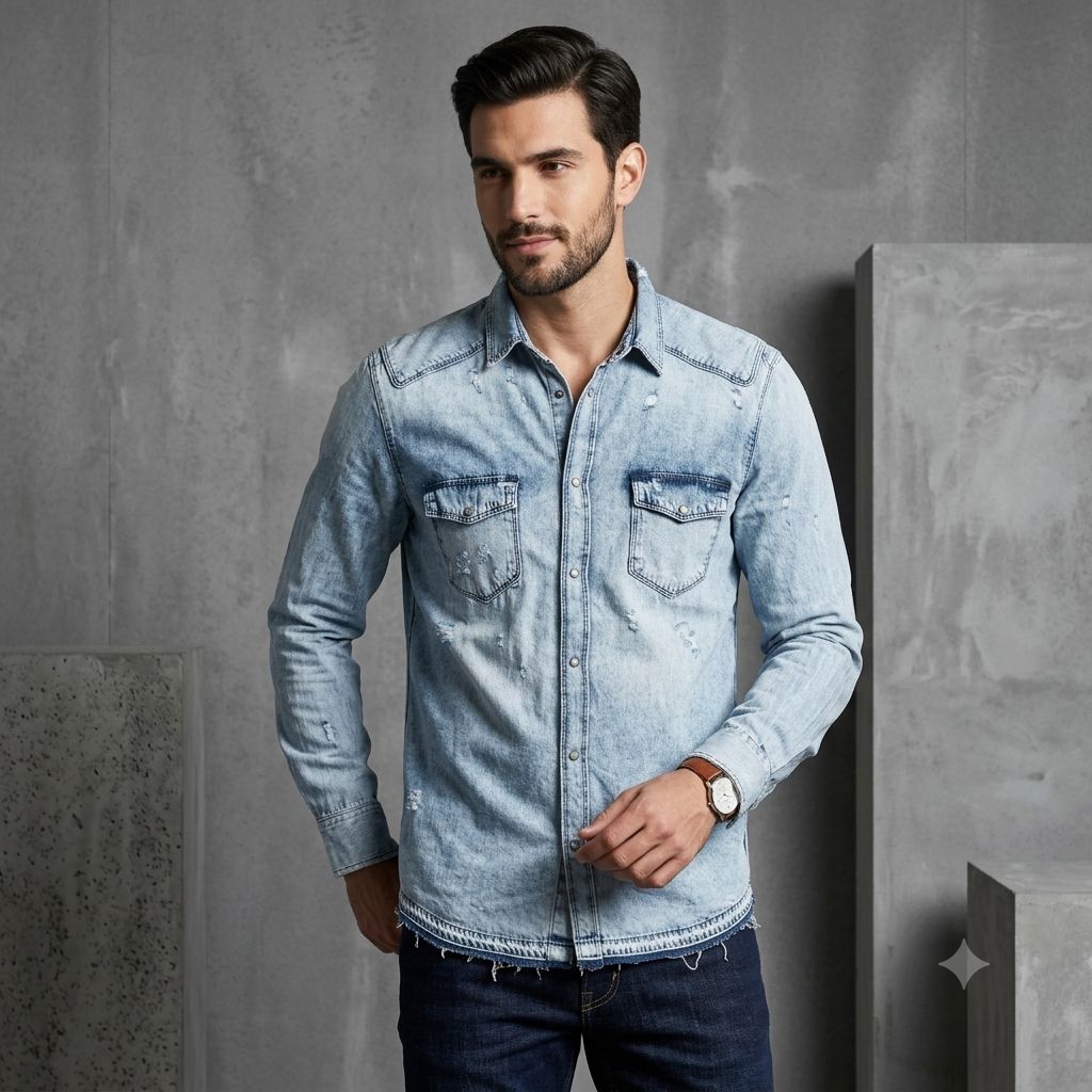Antony Morato Distressed Denim Double Pocket Stone Button Long Sleeve