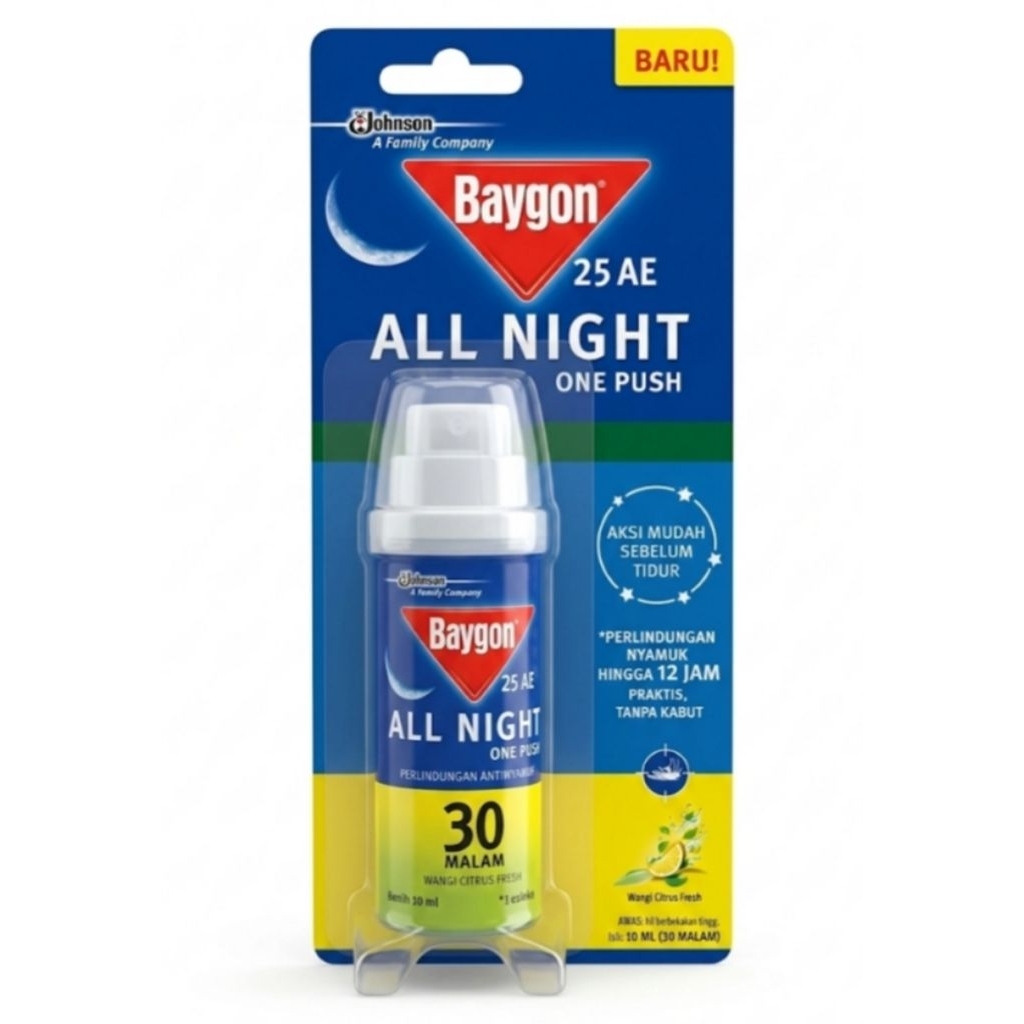 Baygon 25 AE All Night One Push 30 Malam Wangi Citrus Fresh, Perlindungan Nyamuk 12 Jam